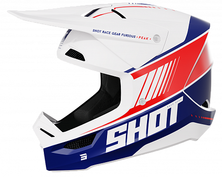 Кроссовый шлем SHOT FURIOUS PEAK (синий/белый/красный глянцевый) Кроссовый шлем SHOT FURIOUS PEAK (синий/белый/красный глянцевый)