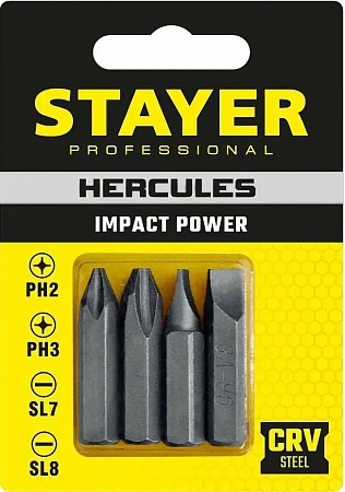Биты для ударной отвертки 4 шт 36 мм, Stayer HERCULES 25667-S4_z01 Биты для ударной отвертки 4 шт 36 мм, Stayer HERCULES 25667-S4_z01